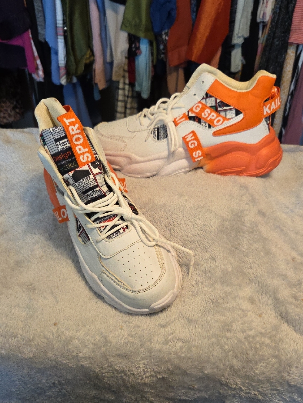Men's High-Top Sneakers in White & Orange — Sport Style